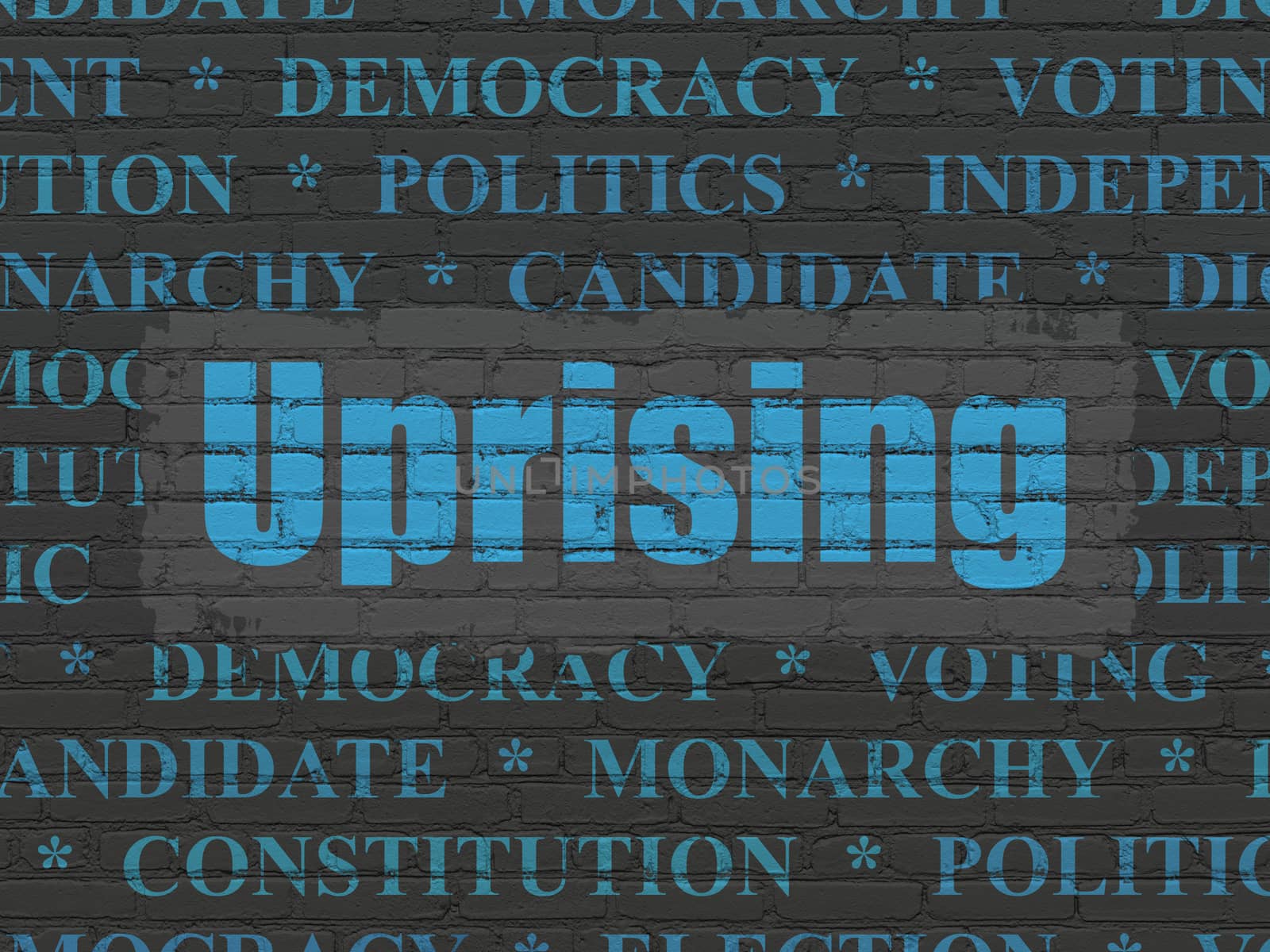 Political concept: Painted blue text Uprising on Black Brick wall background with  Tag Cloud