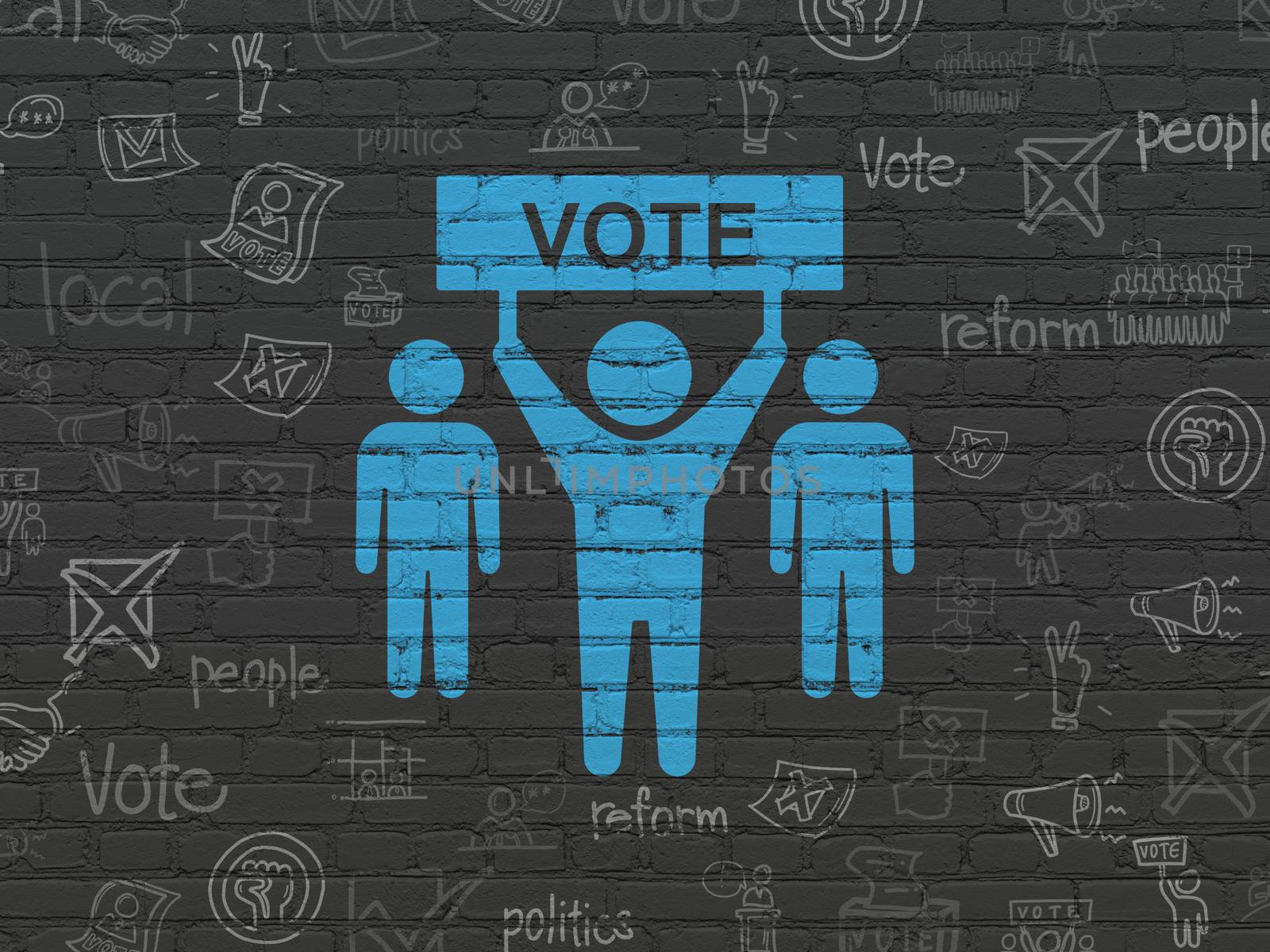 Politics concept: Painted blue Election Campaign icon on Black Brick wall background with  Hand Drawn Politics Icons