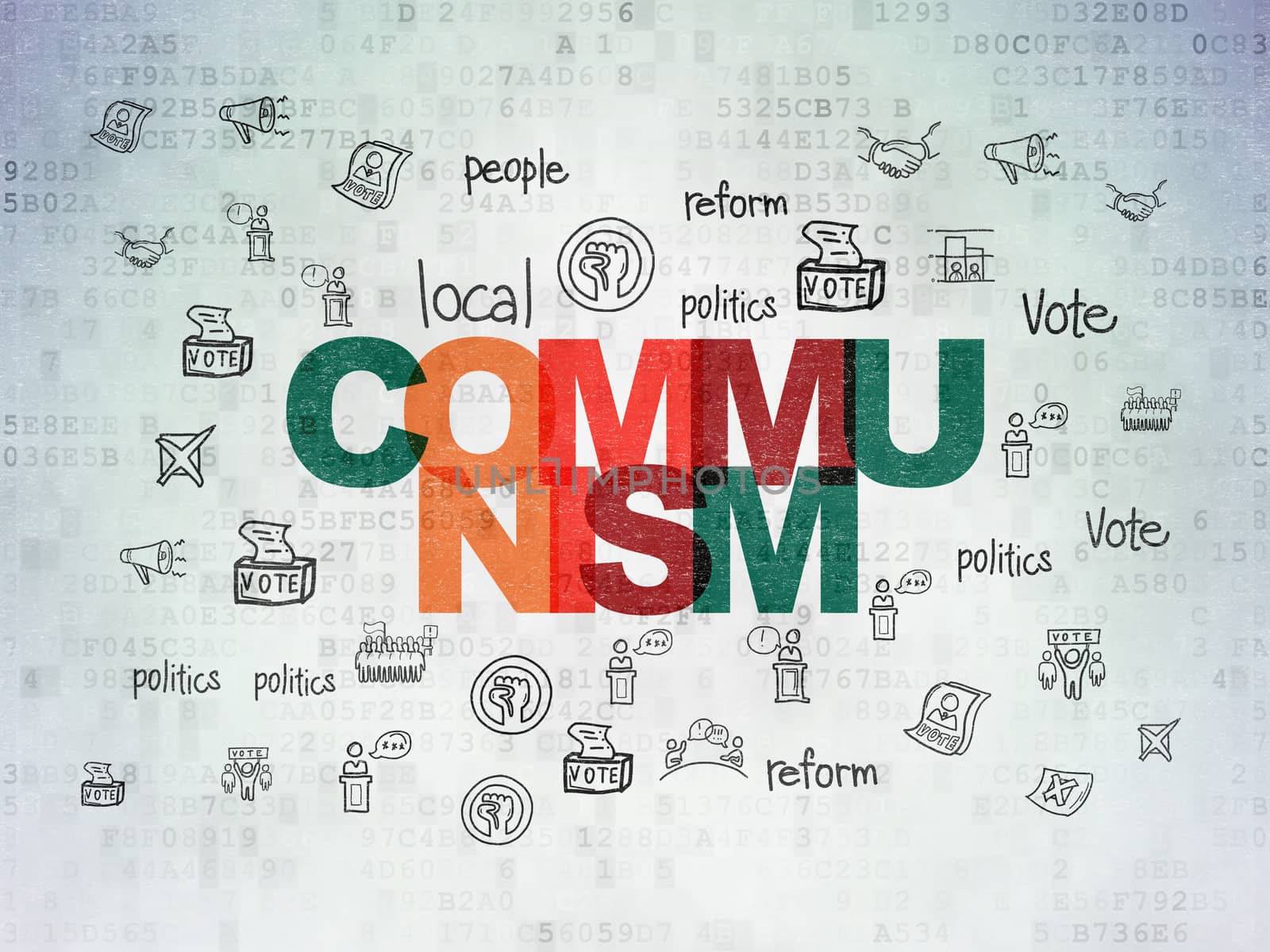 Political concept: Painted multicolor text Communism on Digital Data Paper background with  Hand Drawn Politics Icons