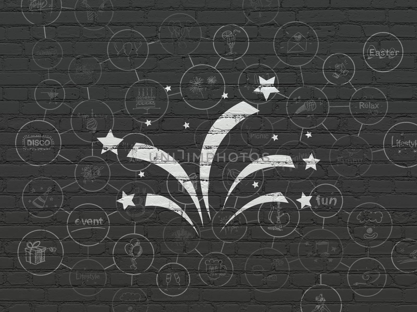 Holiday concept: Painted white Fireworks icon on Black Brick wall background with Scheme Of Hand Drawn Holiday Icons