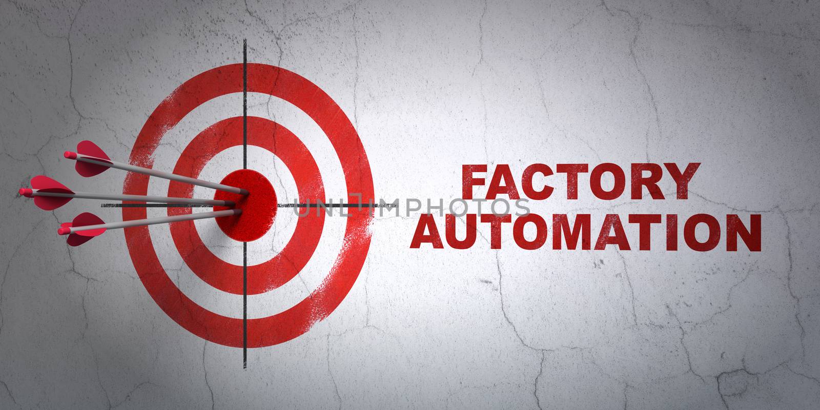 Success Manufacuring concept: arrows hitting the center of target, Red Factory Automation on wall background, 3D rendering