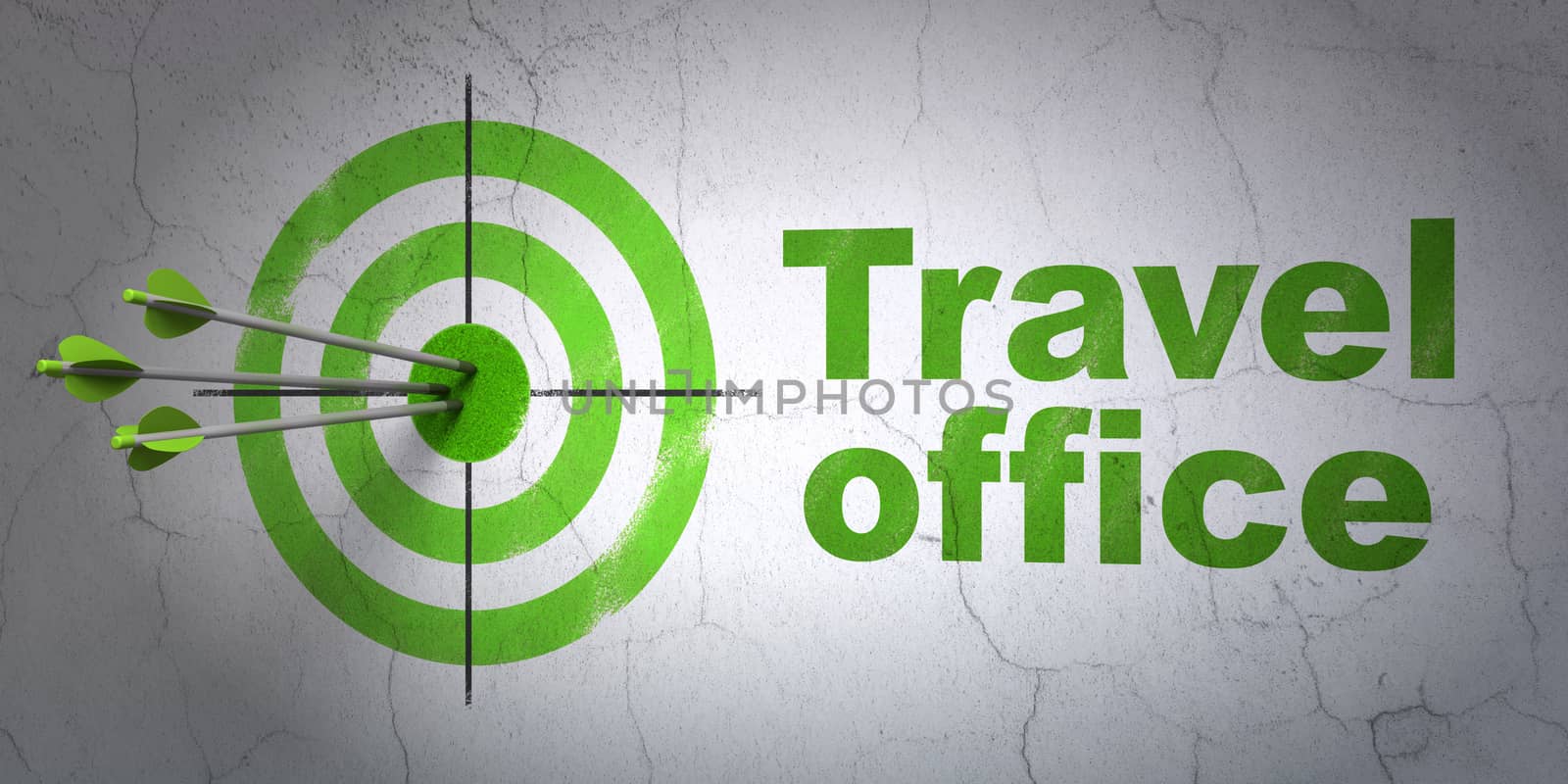 Success vacation concept: arrows hitting the center of target, Green Travel Office on wall background, 3D rendering