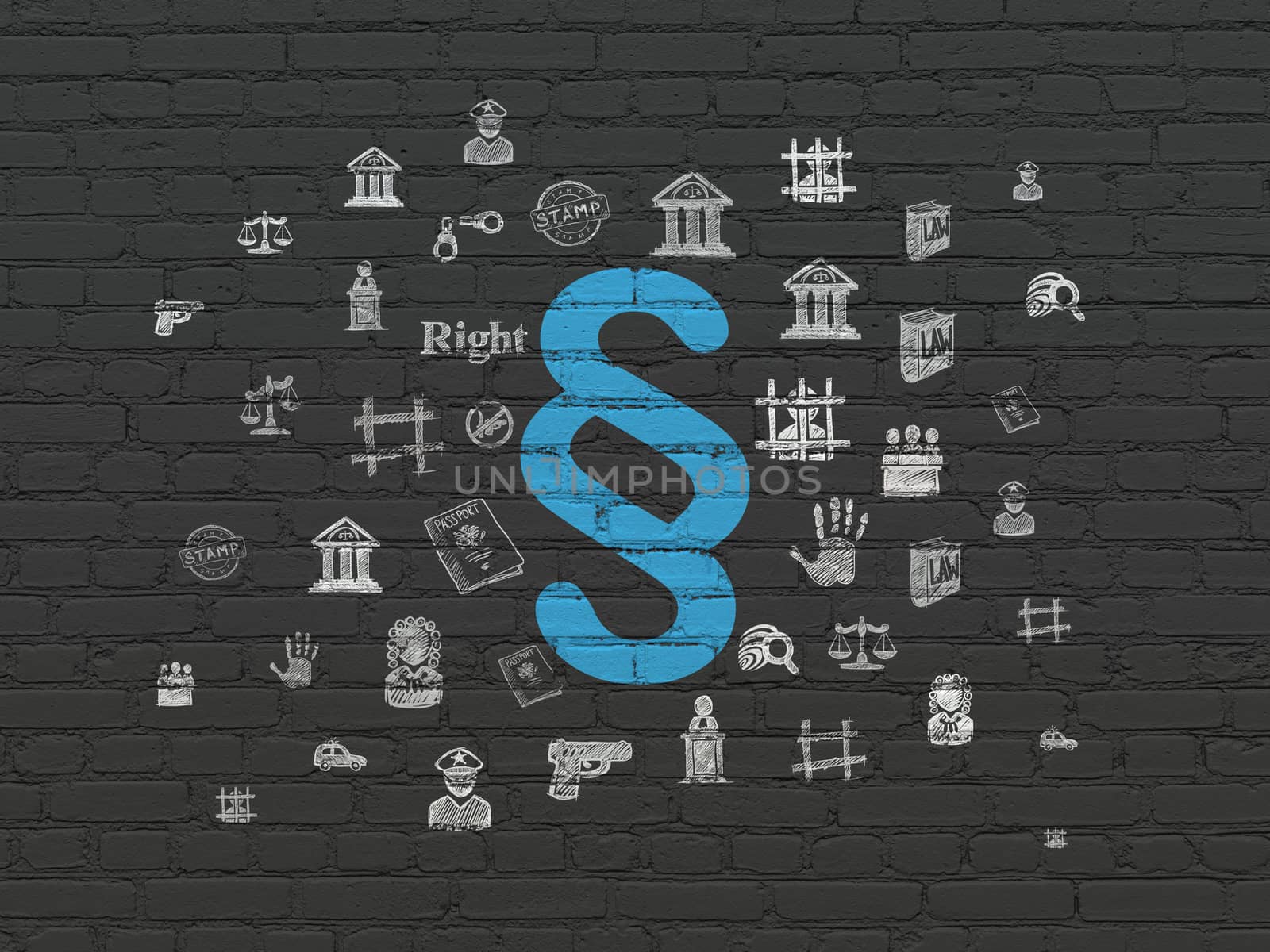 Law concept: Painted blue Paragraph icon on Black Brick wall background with  Hand Drawn Law Icons