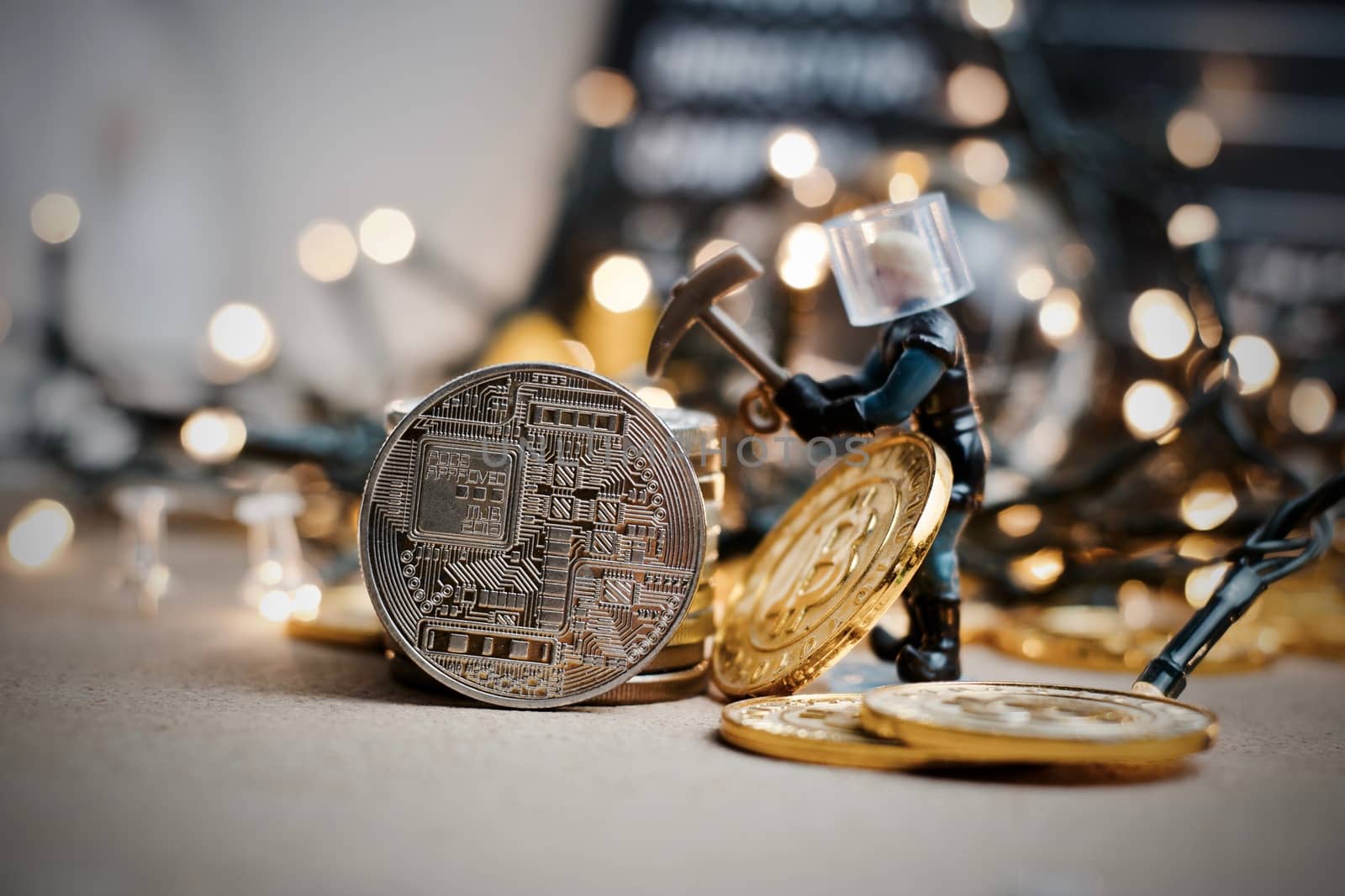 Digital currency physical metal coin. Christmas cryptocurrency concept.