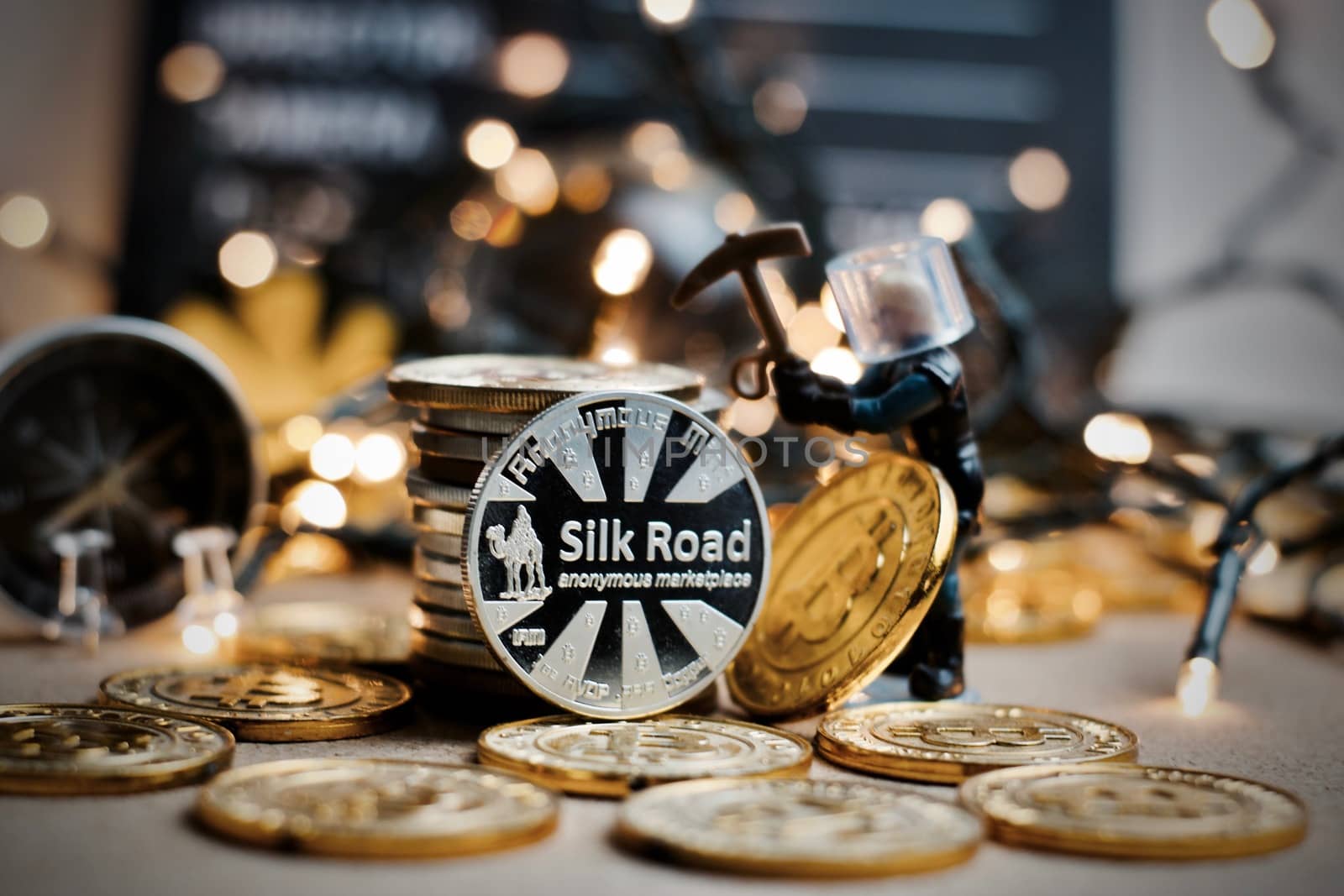 Digital currency physical metal coin. Christmas cryptocurrency concept.