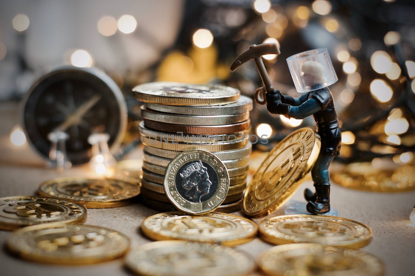 Digital currency physical metal coin. Christmas cryptocurrency concept.