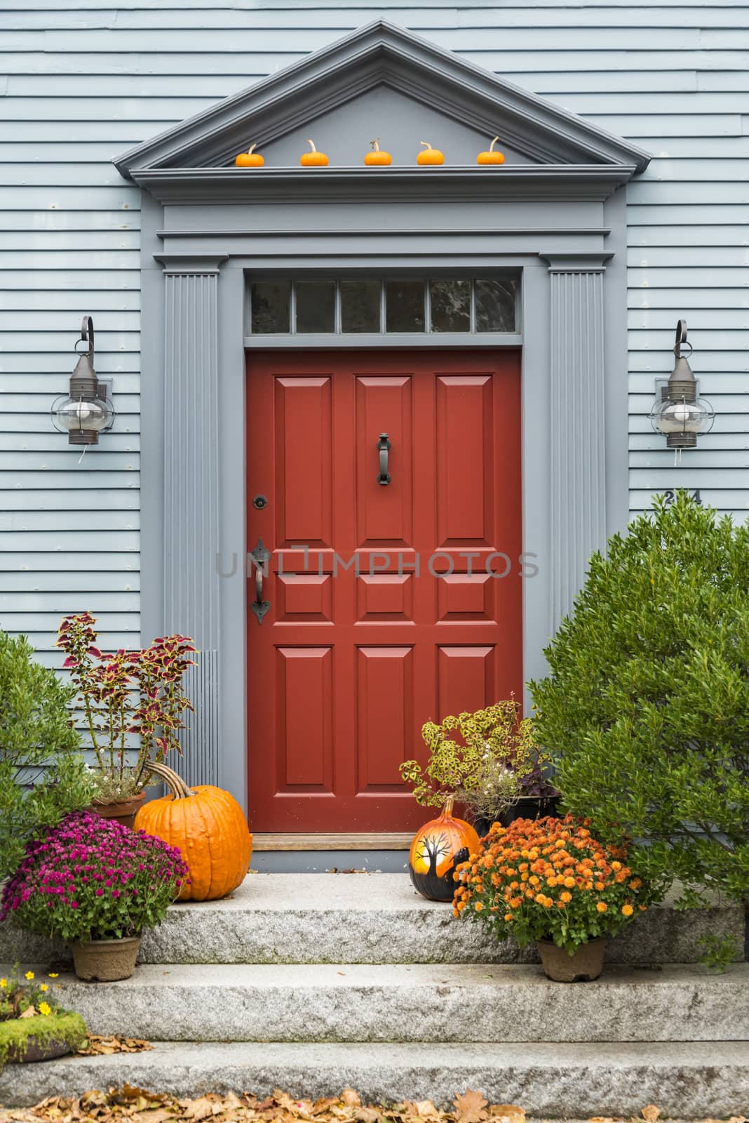 Door of a typical New England residential house with small entrance garden