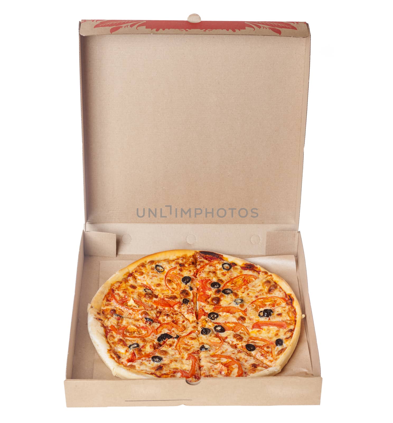 Appetizing Italian pizza margarita in box isolated on white