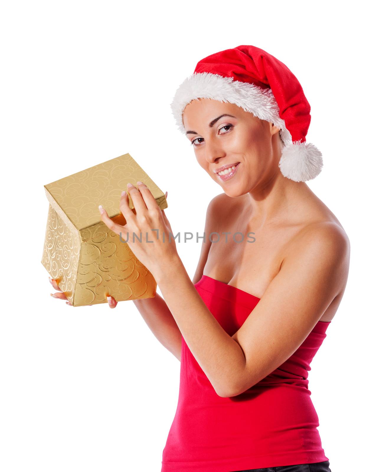 santa girl holding golden gift box and smiling isolated