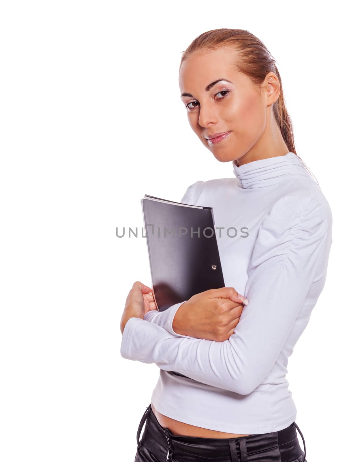 Business woman holding contract isolated on white