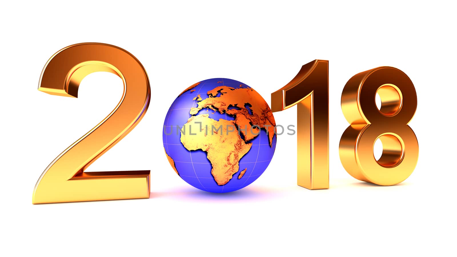 New Year 2018 Earth Africa planet on the white background. 3d illustration.