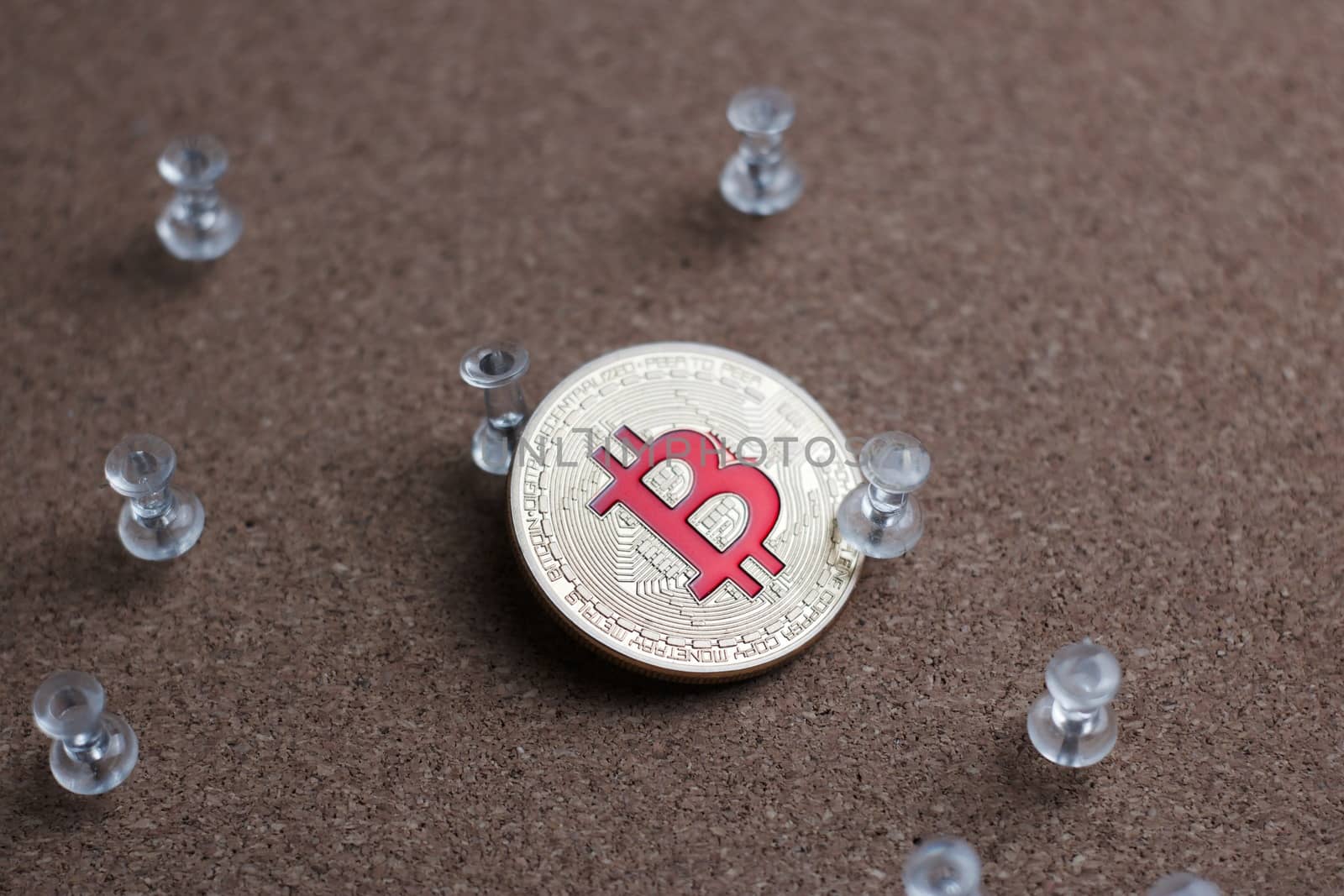 Digital currency physical metal bitcoin coin. Cryptocurrency office concept.