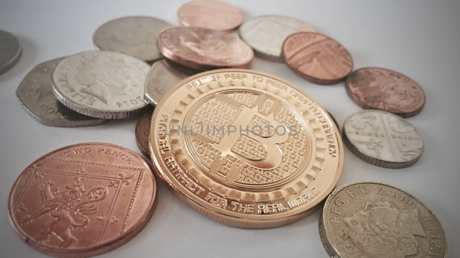 Crypto currency physical gold bitcoin coin near money. Financial concept.