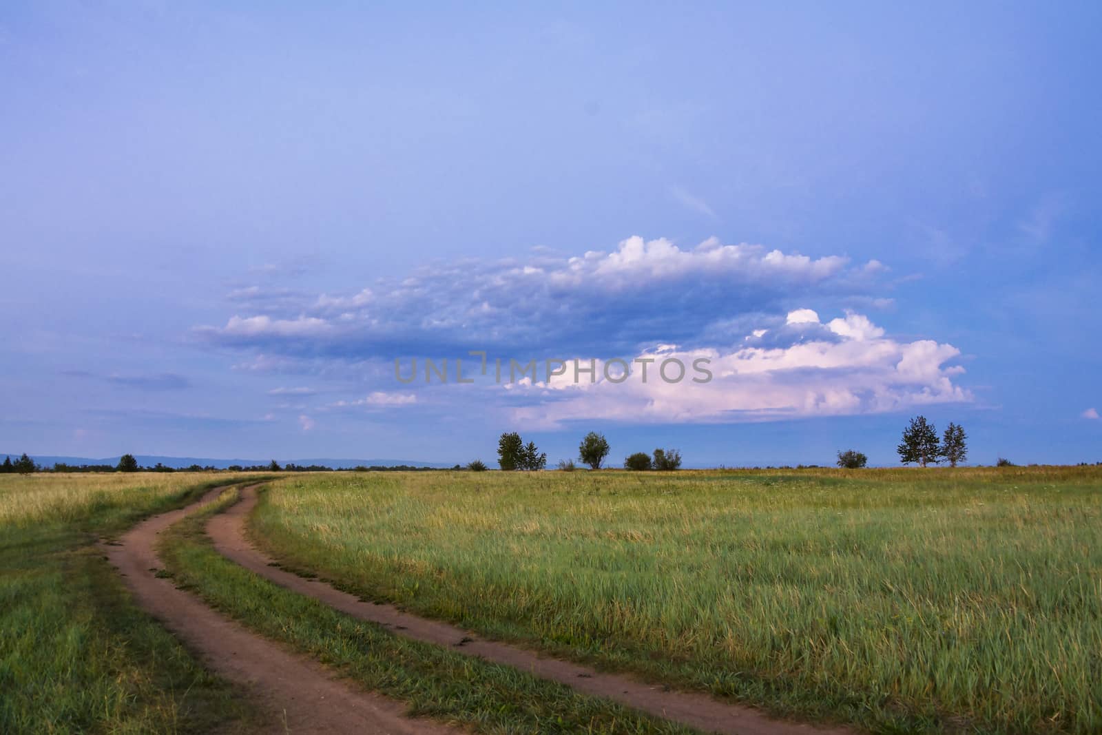 field landscape with blue sky and great rosy cloud. Road lane and deep blue sky.