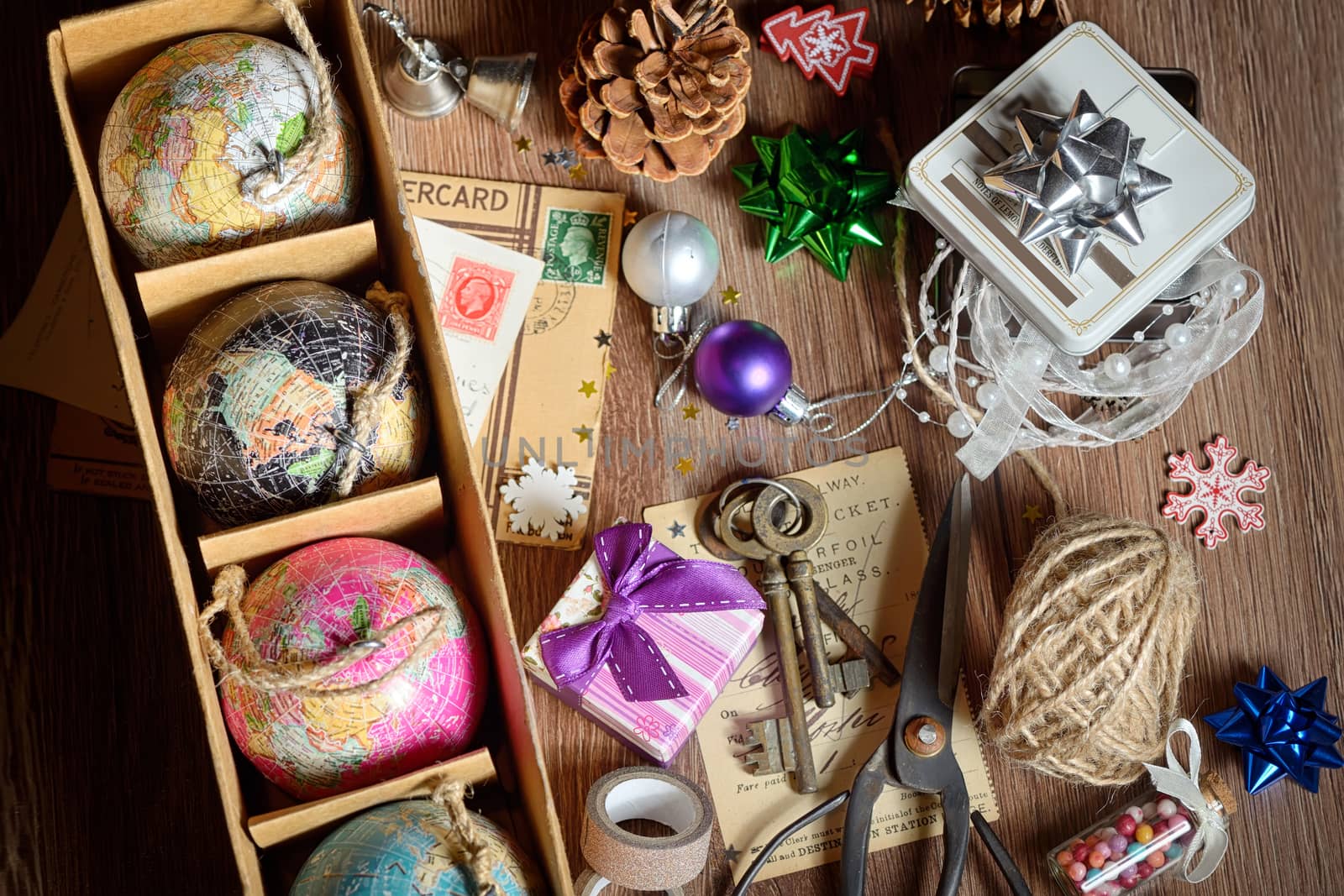 Gifts and vintage christmas ornaments 