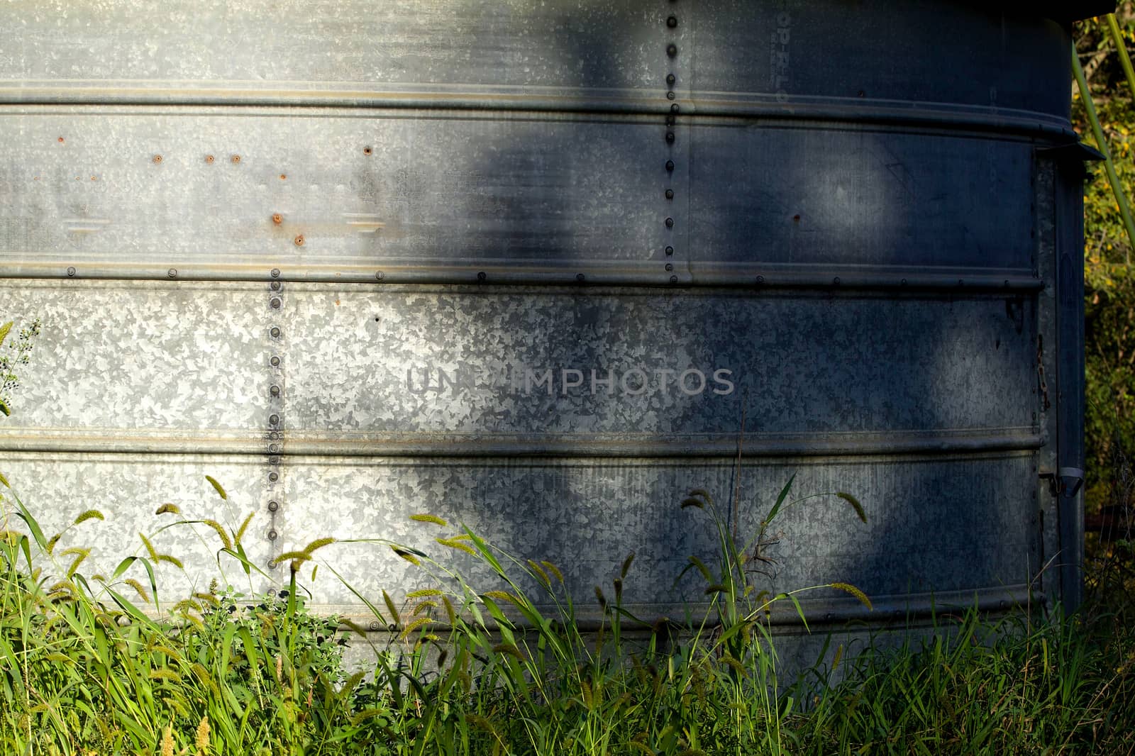Galvanized bin in the green grass