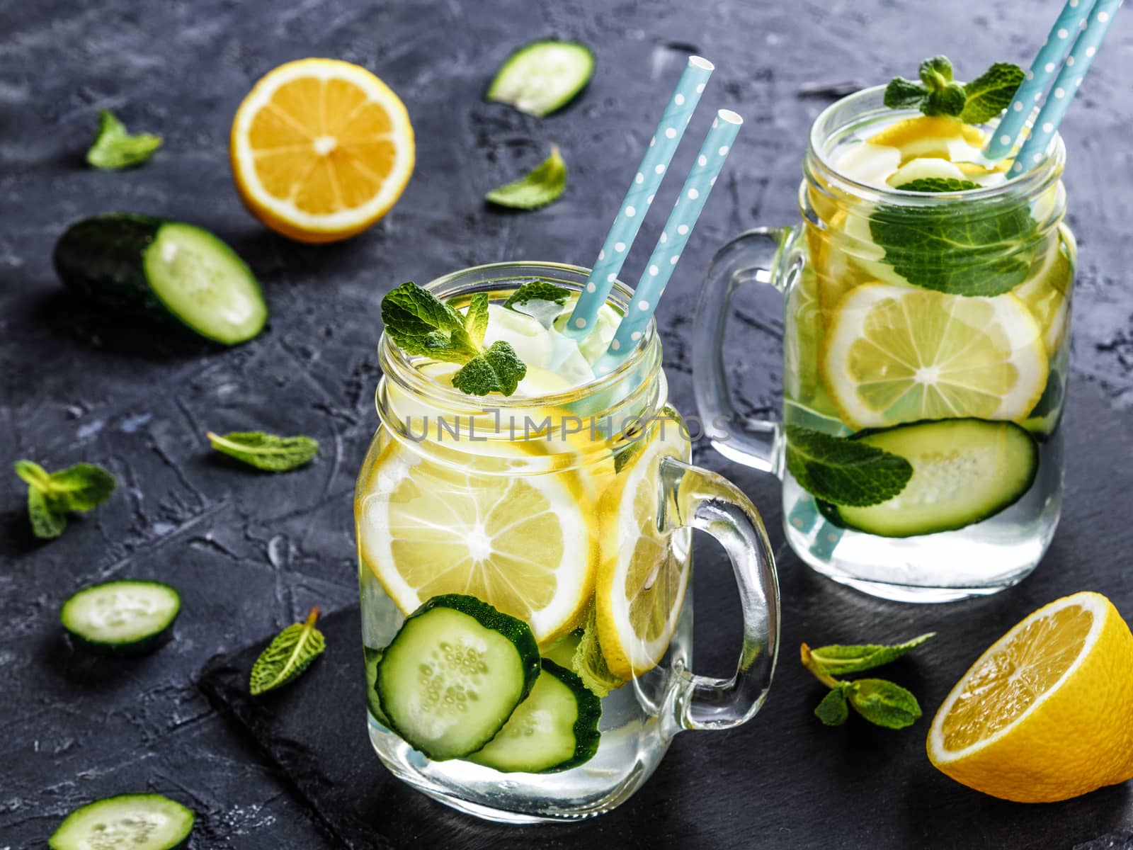 Detox water with cucumber, lemon and mint. Summer drink in mason jar on dark concrete background. Copy space