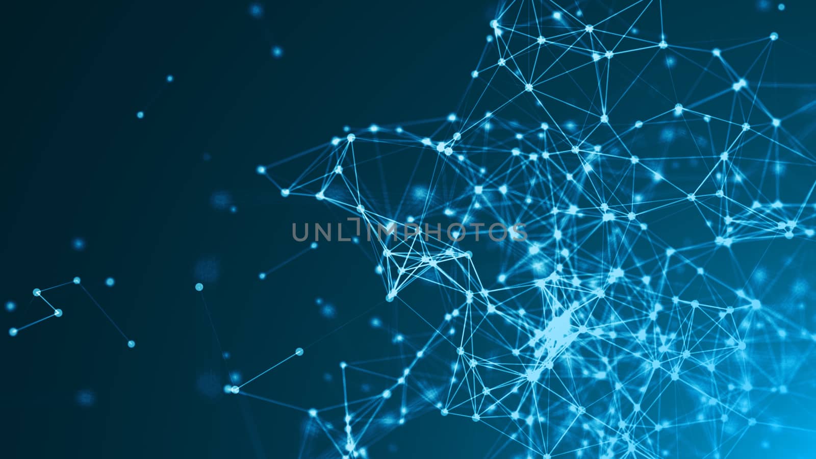 Abstract connected dots on bright blue background. Technology concept. 3d render