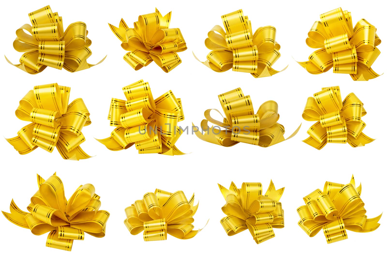 Big set of gold gift bows with ribbons by cherezoff