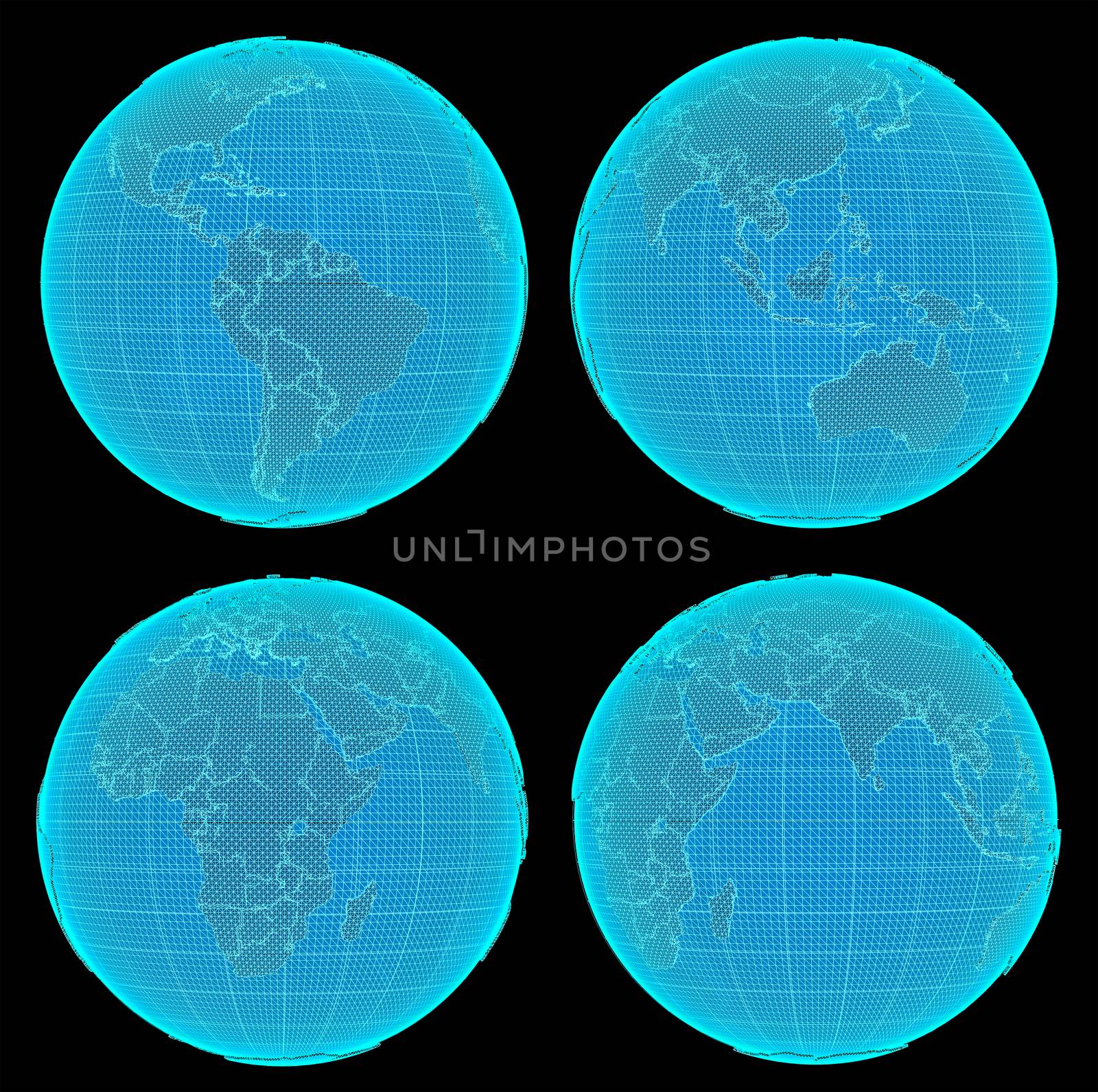 Set Of Futuristic Digital Earth. North America. South America. Africa. Asia. Europe And Australia. 3d illustration