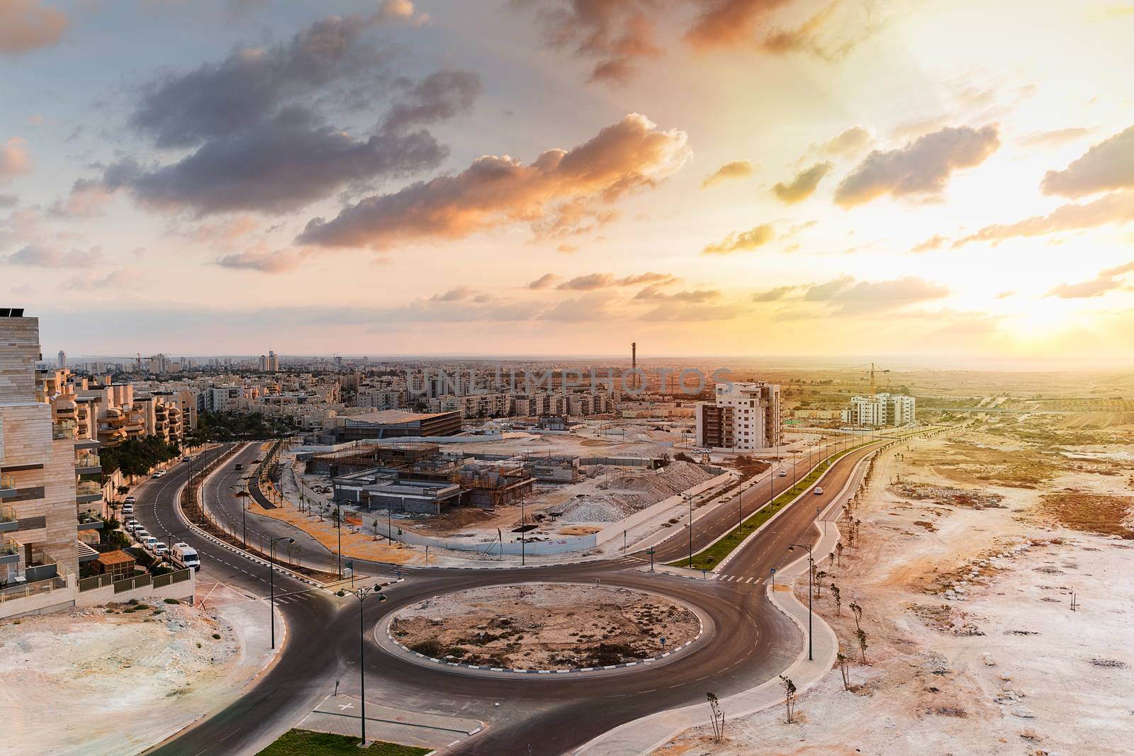 construction work in the desert, landscape at sunset