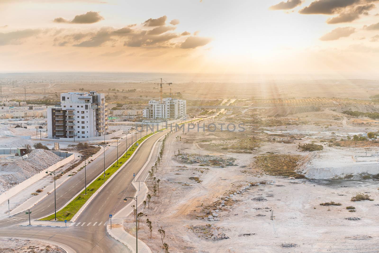 construction work in the desert, landscape at sunset