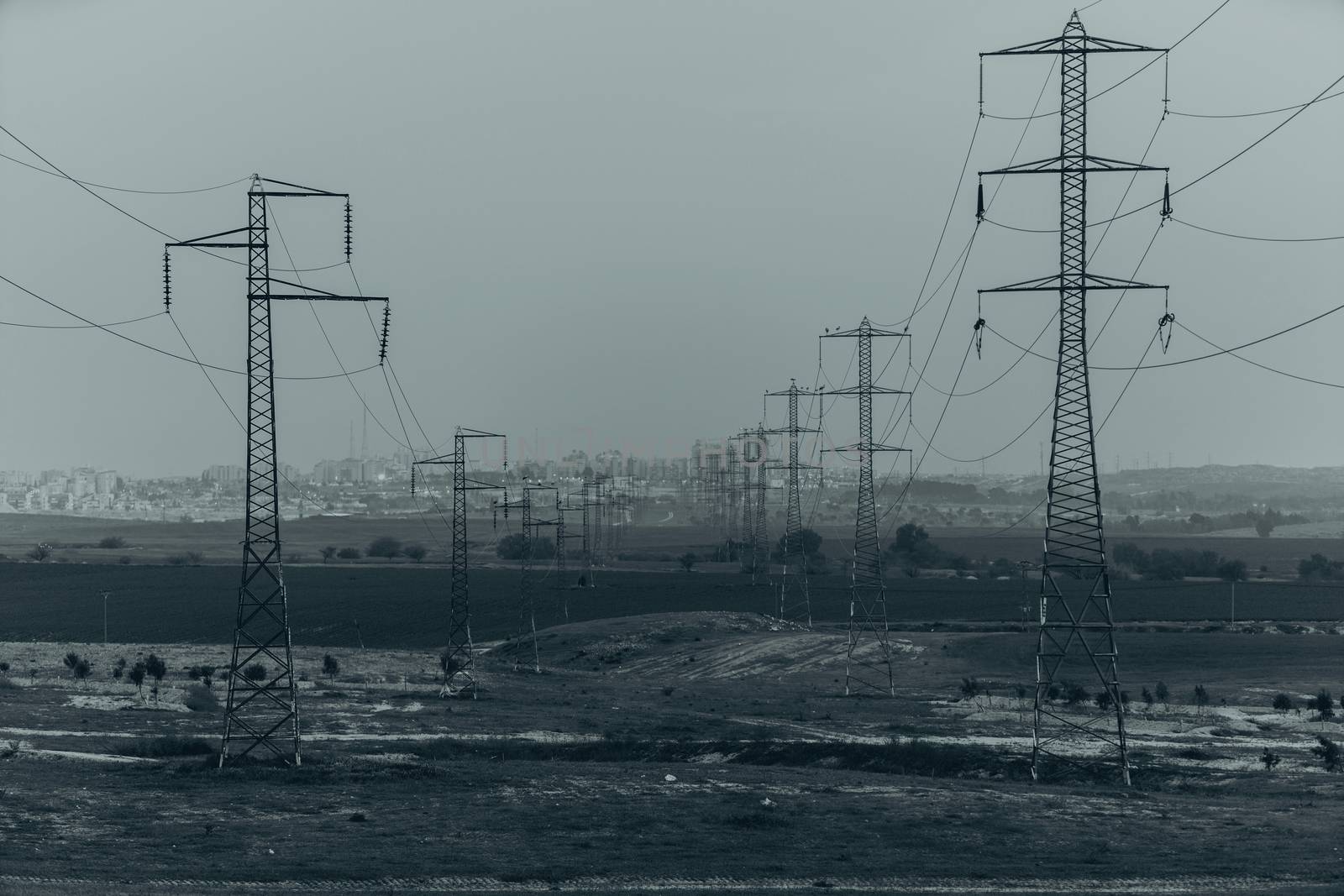 industrial landscape, high voltage poles with wires