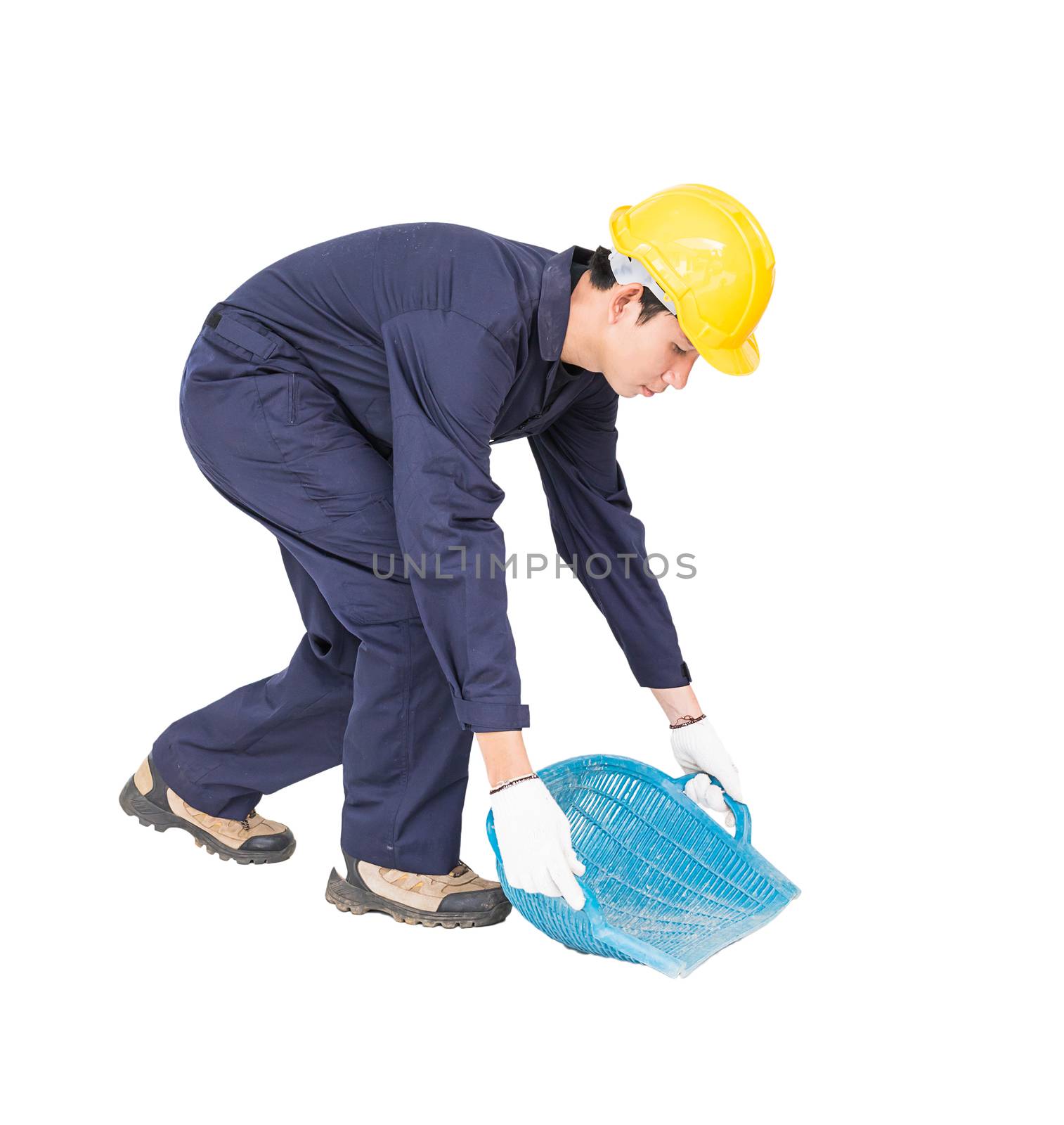 Young worker in uniform hold Hod or clam-shell shaped basket is a construction tools  ,Cut out isolated on white background