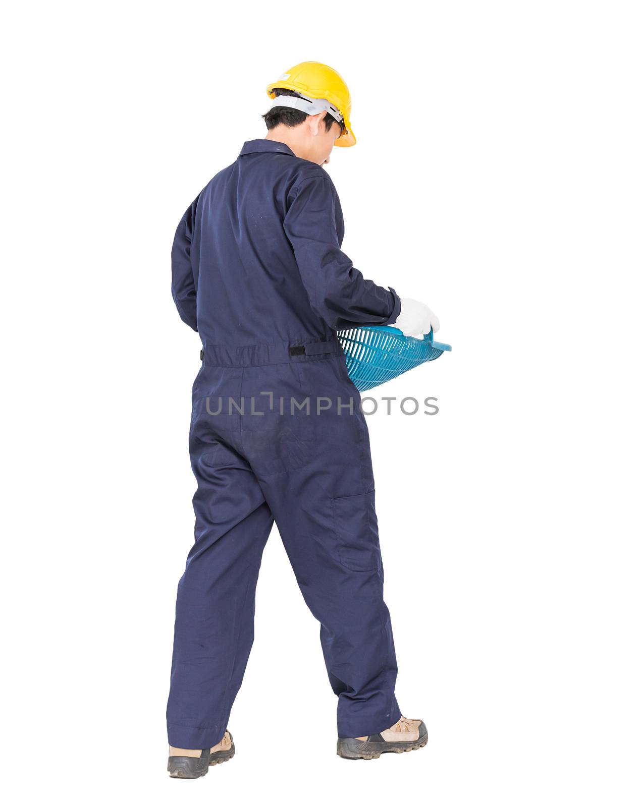 Young worker in uniform hold Hod or clam-shell shaped basket is a construction tools  ,Cut out isolated on white background