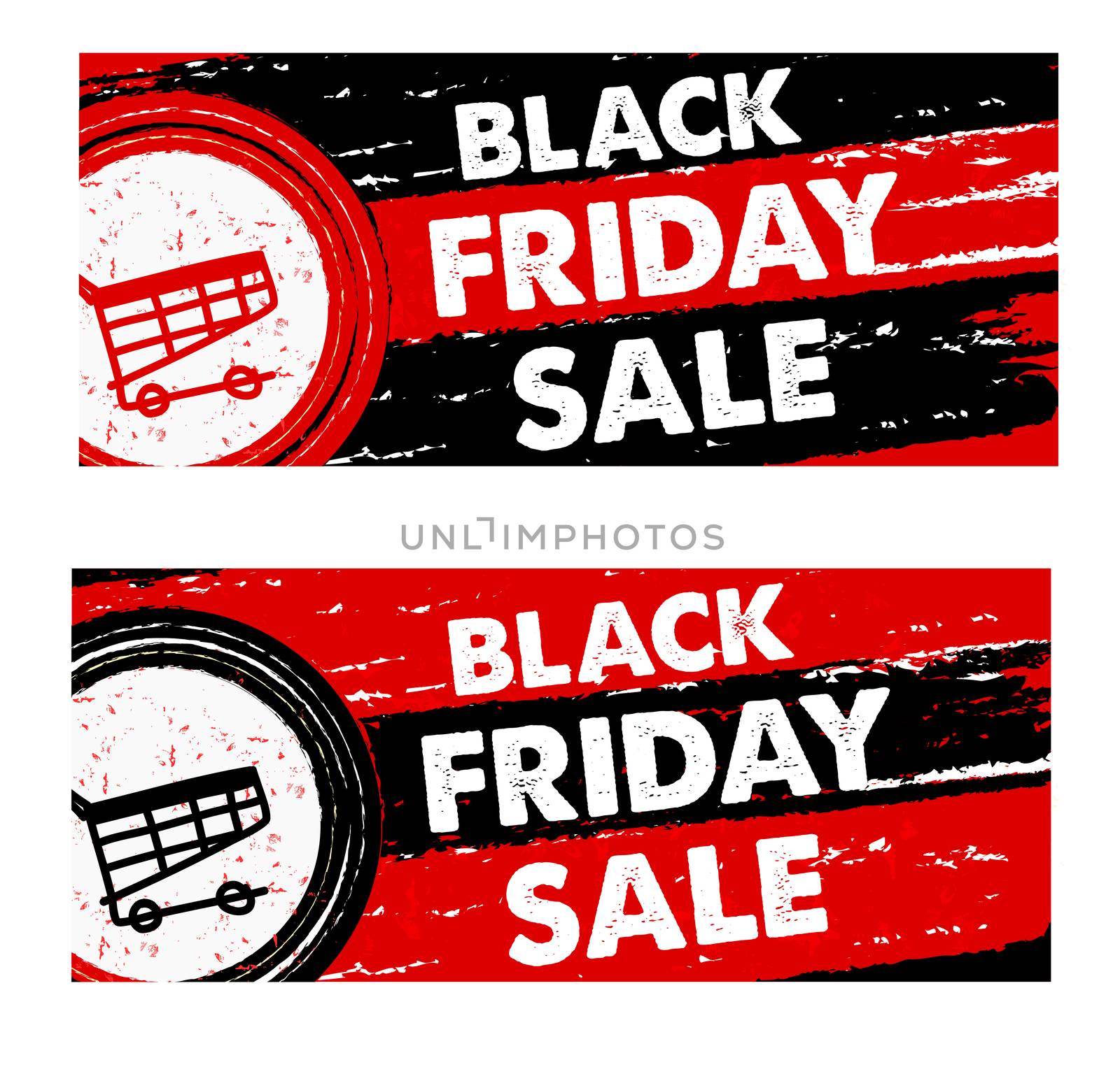 black friday sale with shopping cart banners - text and sign in drawn labels, business seasonal shopping concept