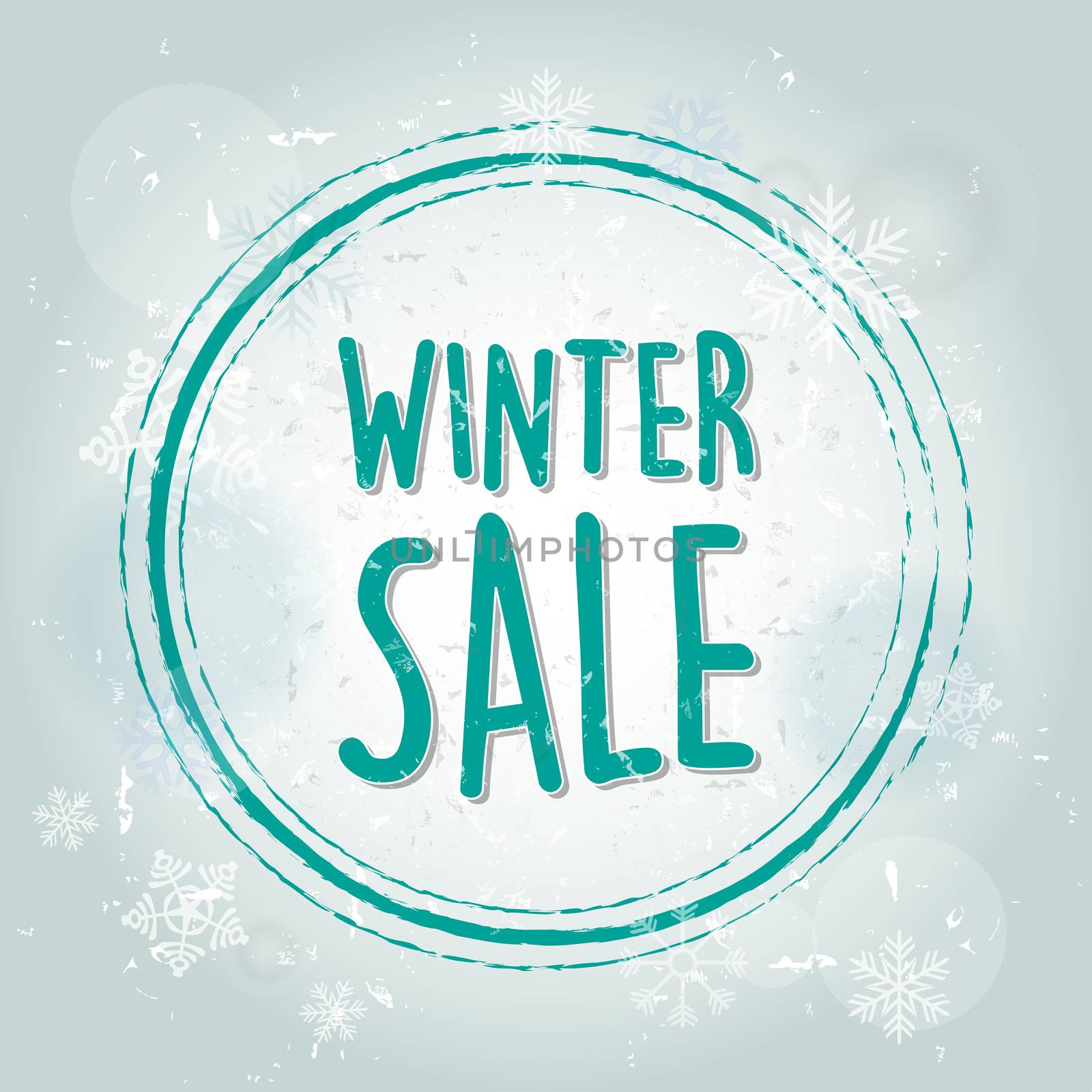 winter sale with snowflakes over blue drawn background, business seasonal shopping concept banner