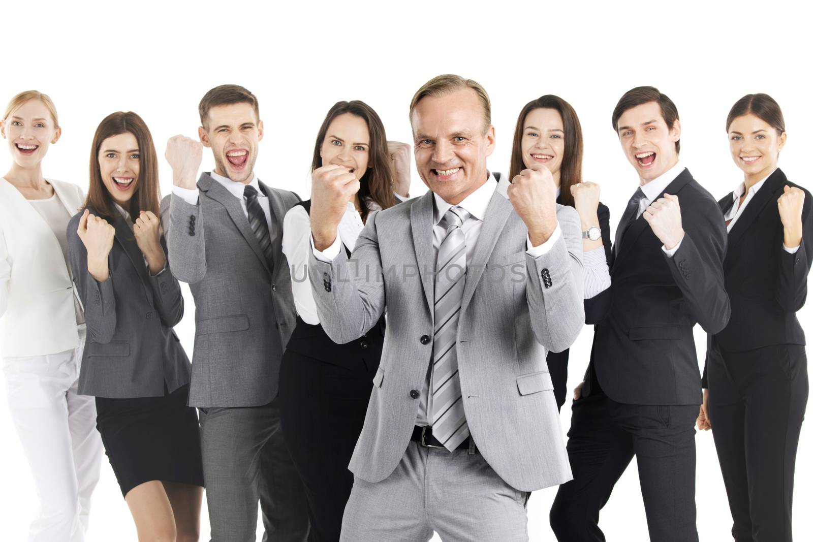 Successful excited business people group team standing together and holding fist ok yes gesture isolated over white background