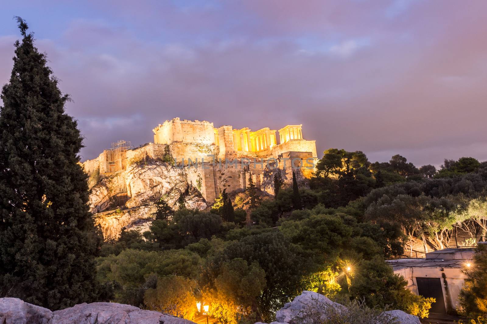 Front view of acropolis at dusk by vangelis