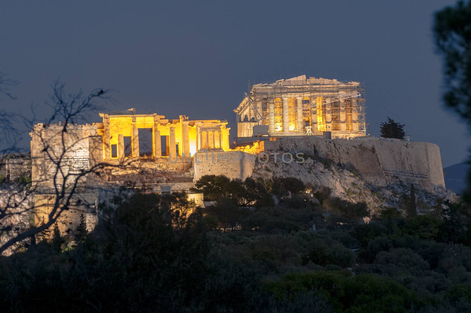 Front view of acropolis at dusk by vangelis