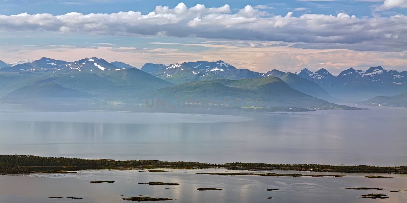 Panoramic mountain view and fjord in Molde, Norway