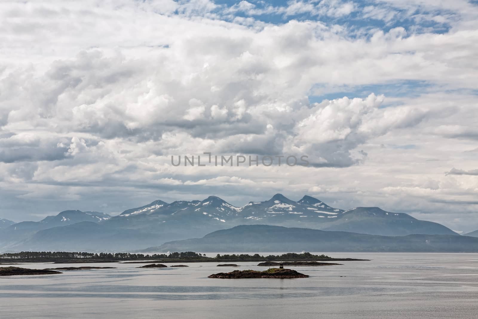 Mountain view with some islands in the fjord in Molde, Norway by LuigiMorbidelli