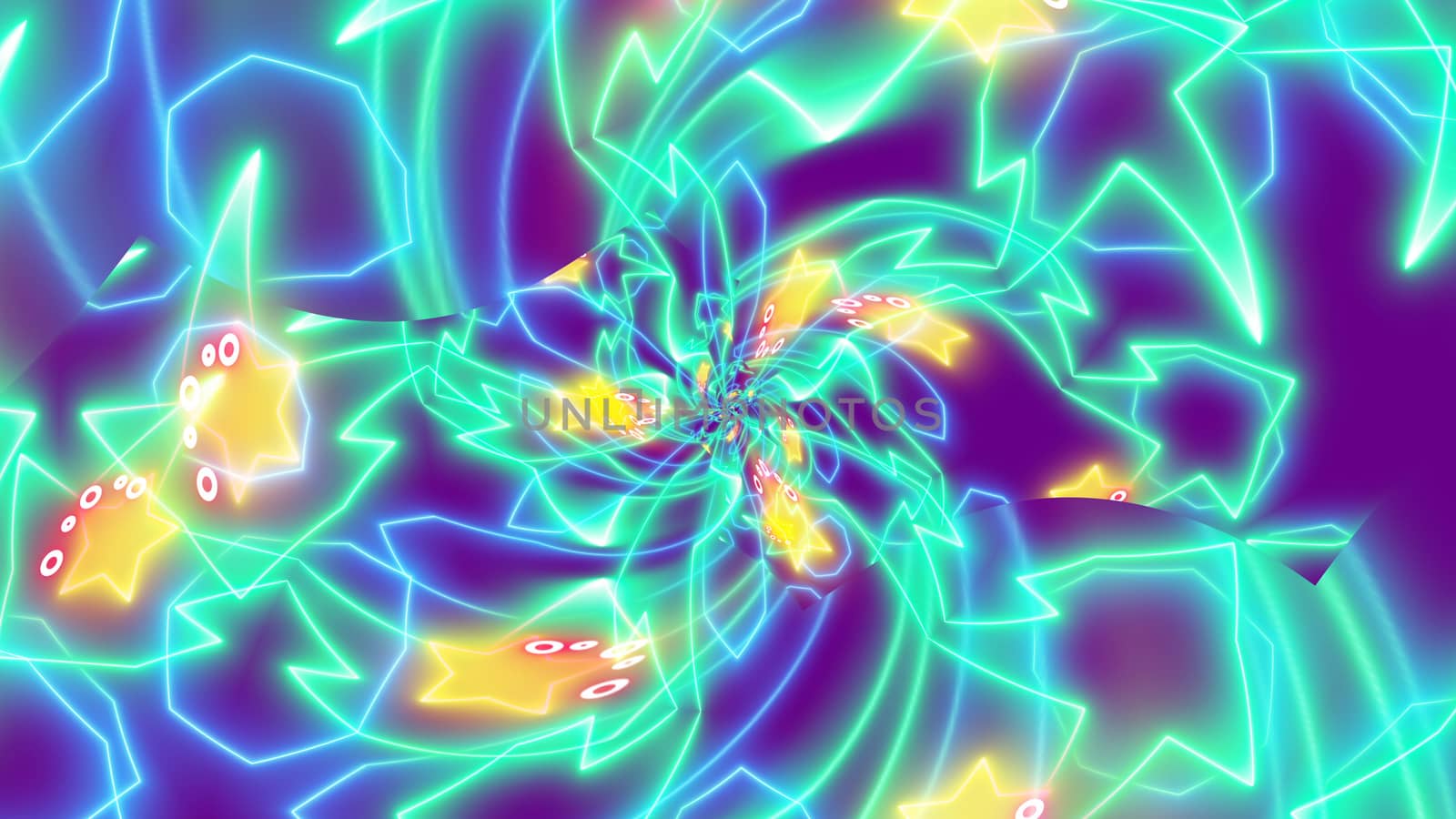An artistic 3d rendering of a bizarre psychedelic background with yellow stars, blue and white lines sparkling in the violet background.  It looks enigmatic and dreamlike.