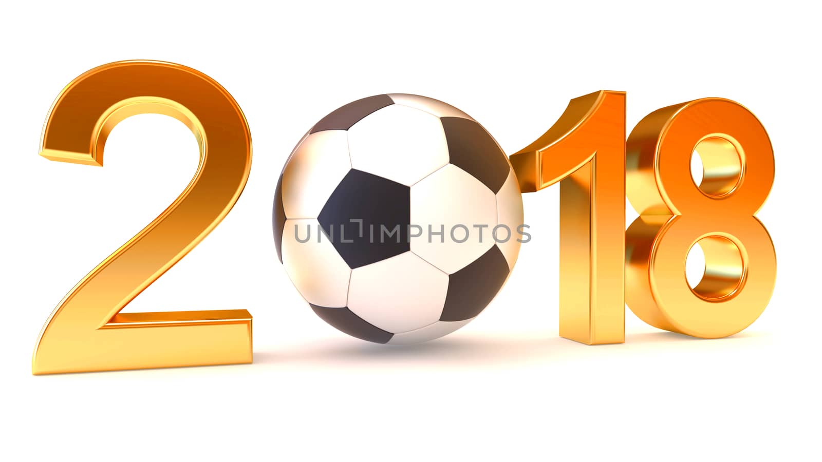 Year 2018 and soccer ball on the white background, 3d illustration