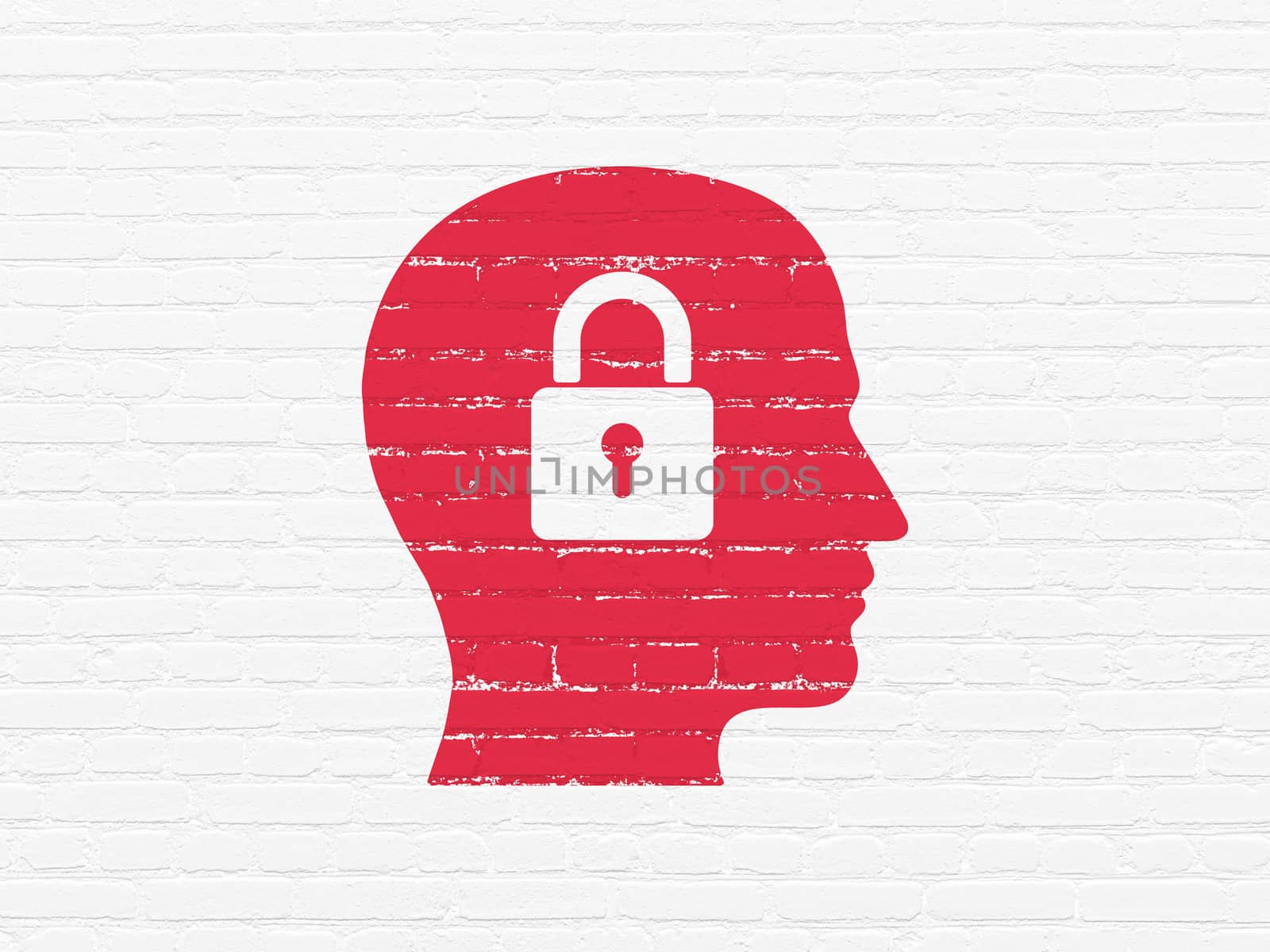 Data concept: Head With Padlock on wall background by maxkabakov