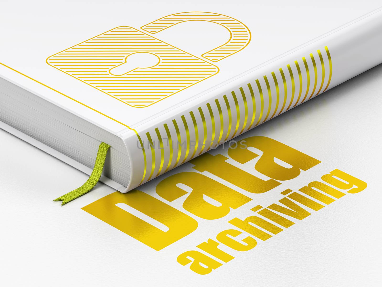 Data concept: closed book with Gold Closed Padlock icon and text Data Archiving on floor, white background, 3D rendering