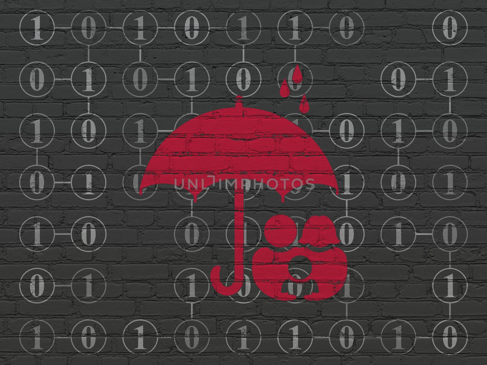 Safety concept: Painted red Family And Umbrella icon on Black Brick wall background with Scheme Of Binary Code