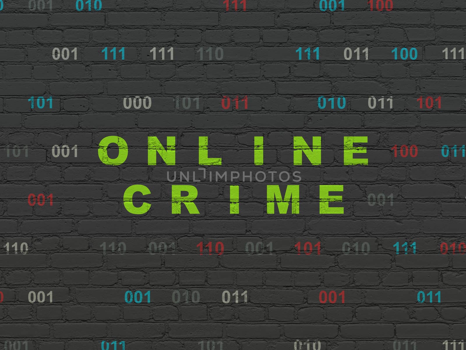 Protection concept: Painted green text Online Crime on Black Brick wall background with Binary Code