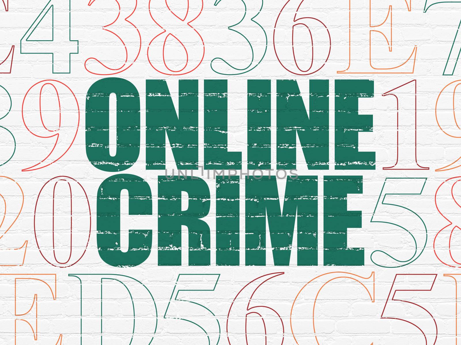 Security concept: Painted green text Online Crime on White Brick wall background with Hexadecimal Code