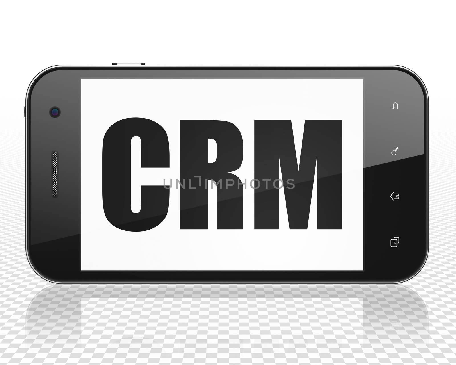 Business concept: Smartphone with black text CRM on display, 3D rendering