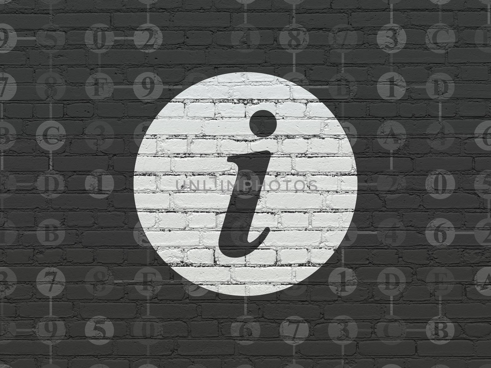Web development concept: Painted white Information icon on Black Brick wall background with Scheme Of Hexadecimal Code