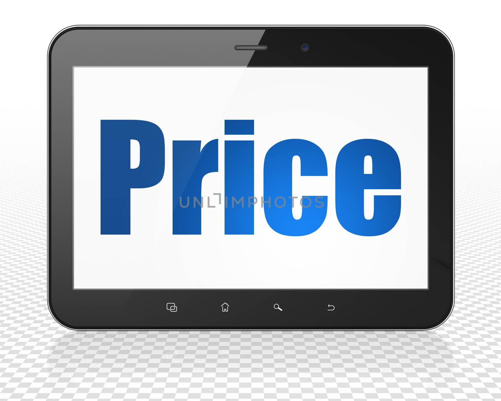Marketing concept: Tablet Pc Computer with blue text Price on display, 3D rendering
