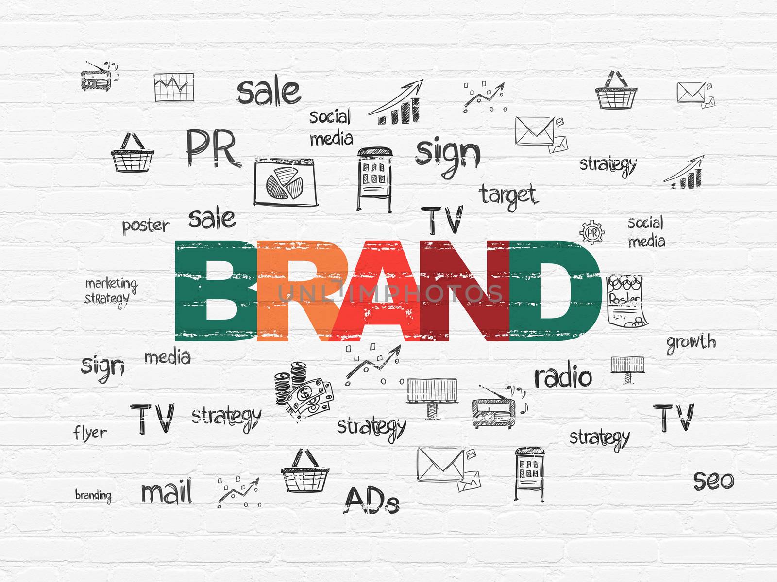 Advertising concept: Painted multicolor text Brand on White Brick wall background with  Hand Drawn Marketing Icons