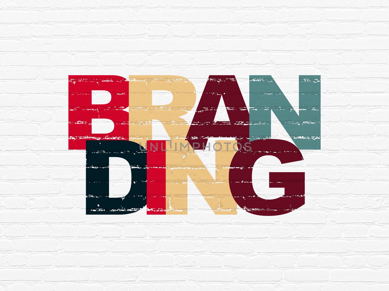 Marketing concept: Painted multicolor text Branding on White Brick wall background