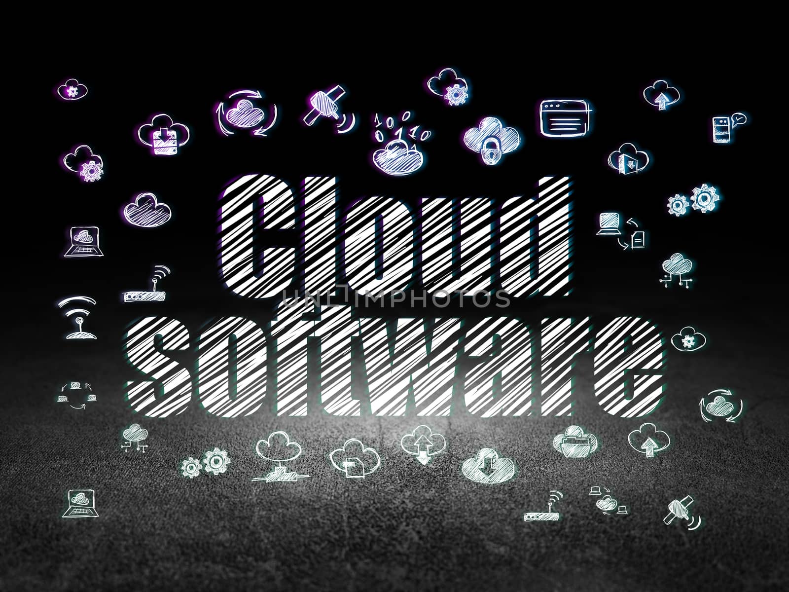 Cloud networking concept: Cloud Software in grunge dark room by maxkabakov