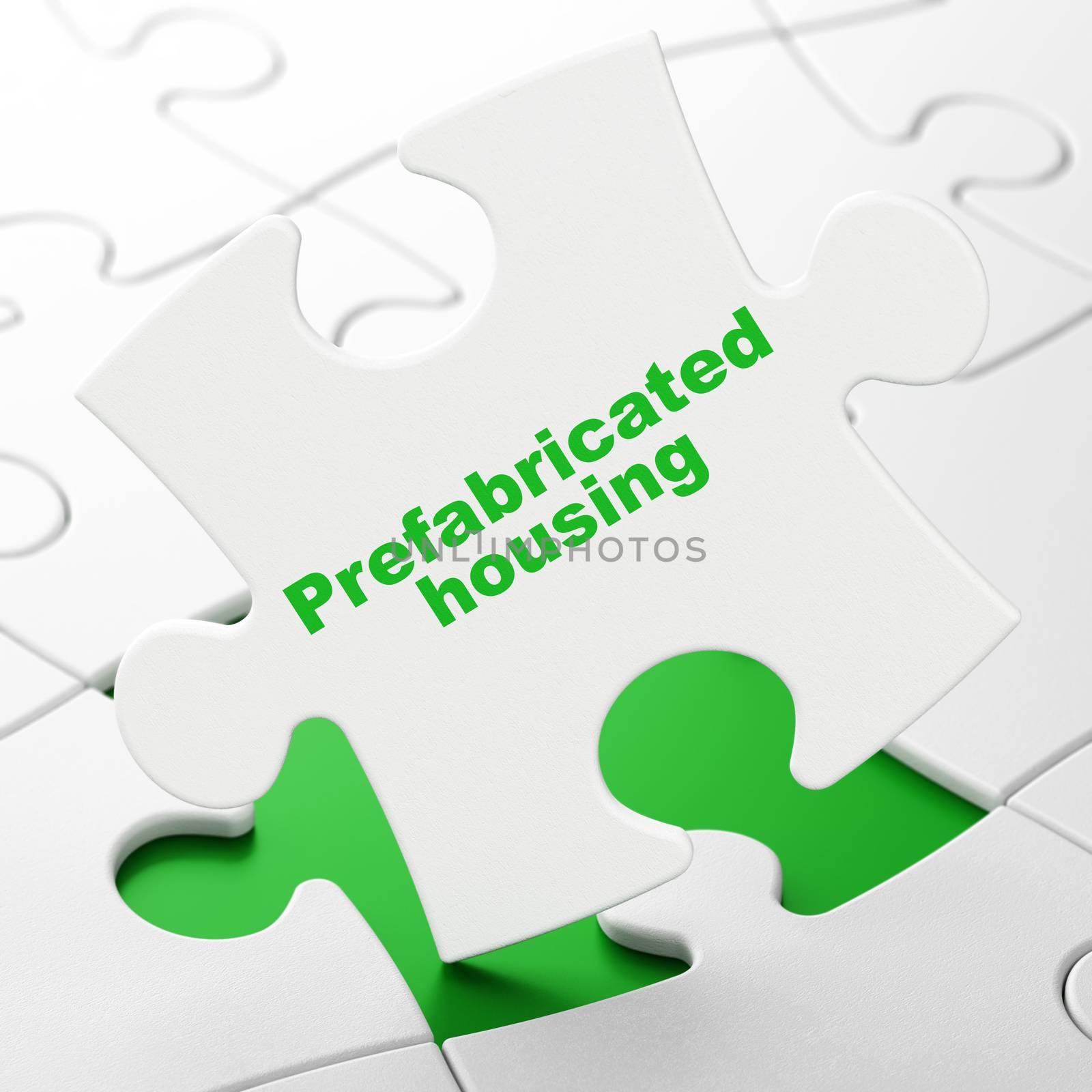 Construction concept: Prefabricated Housing on White puzzle pieces background, 3D rendering